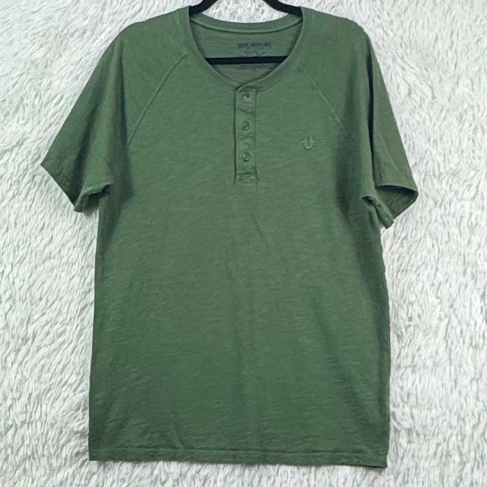 True Religion Men's Large Olive Green Henley Raglan Shirt Horseshoe Logo Y2K